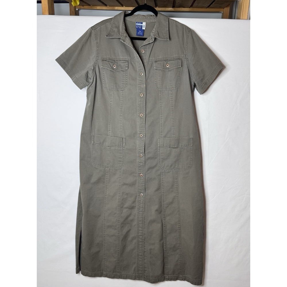 Vtg Venezia Canvas Shirt Dress Sz 18 Green Pockets Modest‎ Utility Midi Maxi